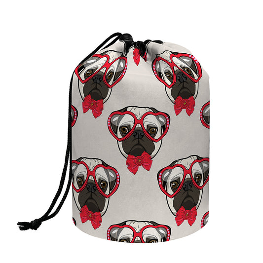 Red Glasses Pug Pattern Print Drawstring Makeup Bag