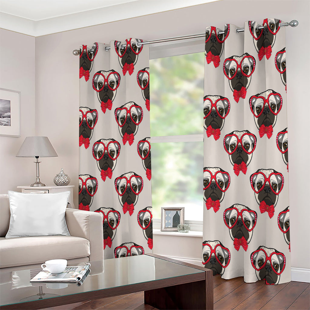 Red Glasses Pug Pattern Print Extra Wide Grommet Curtains