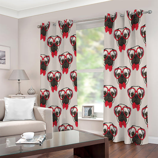 Red Glasses Pug Pattern Print Extra Wide Grommet Curtains