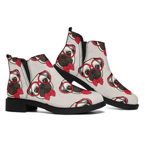 Red Glasses Pug Pattern Print Flat Ankle Boots