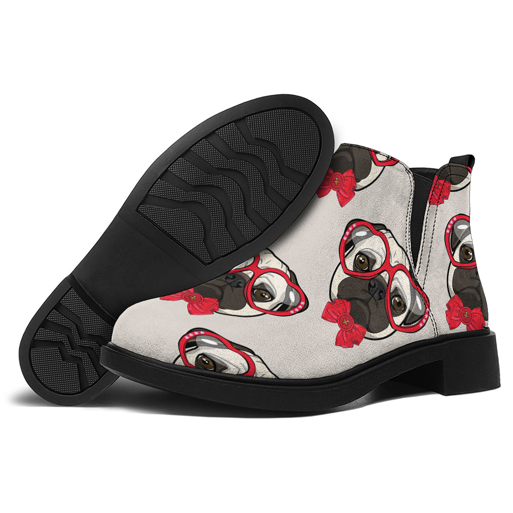 Red Glasses Pug Pattern Print Flat Ankle Boots