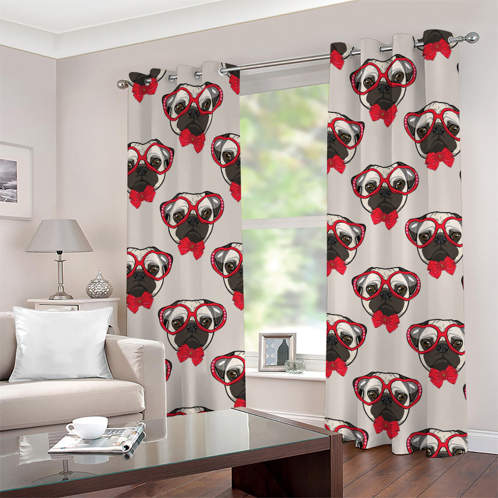 Red Glasses Pug Pattern Print Grommet Curtains