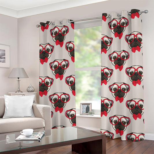 Red Glasses Pug Pattern Print Grommet Curtains