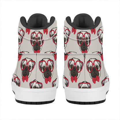 Red Glasses Pug Pattern Print High Top Leather Sneakers
