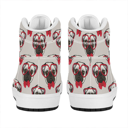 Red Glasses Pug Pattern Print High Top Leather Sneakers