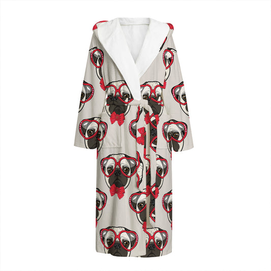 Red Glasses Pug Pattern Print Hooded Bathrobe