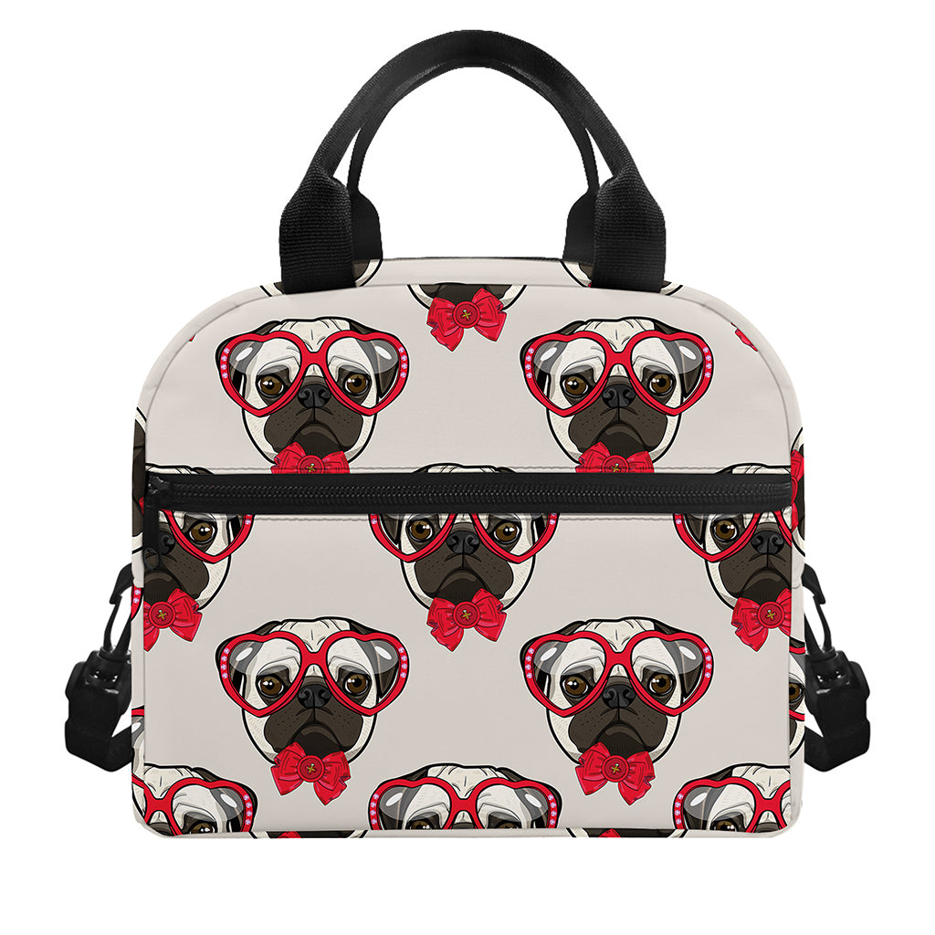 Red Glasses Pug Pattern Print Insulated Lunch Bag