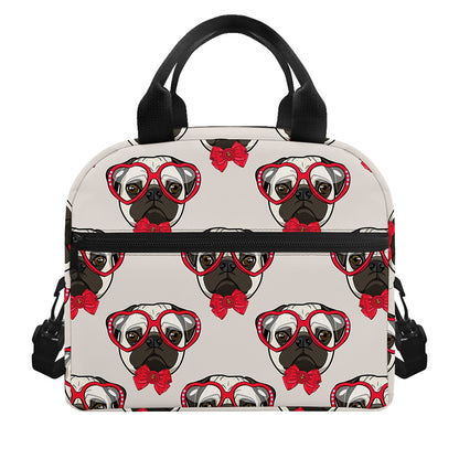 Red Glasses Pug Pattern Print Insulated Lunch Bag