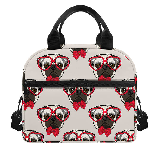 Red Glasses Pug Pattern Print Insulated Lunch Bag