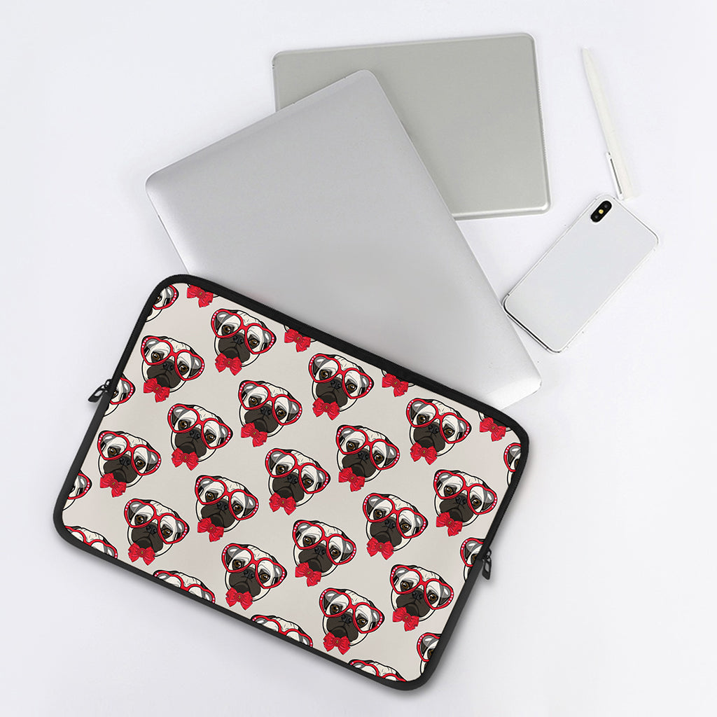 Red Glasses Pug Pattern Print Laptop Sleeve