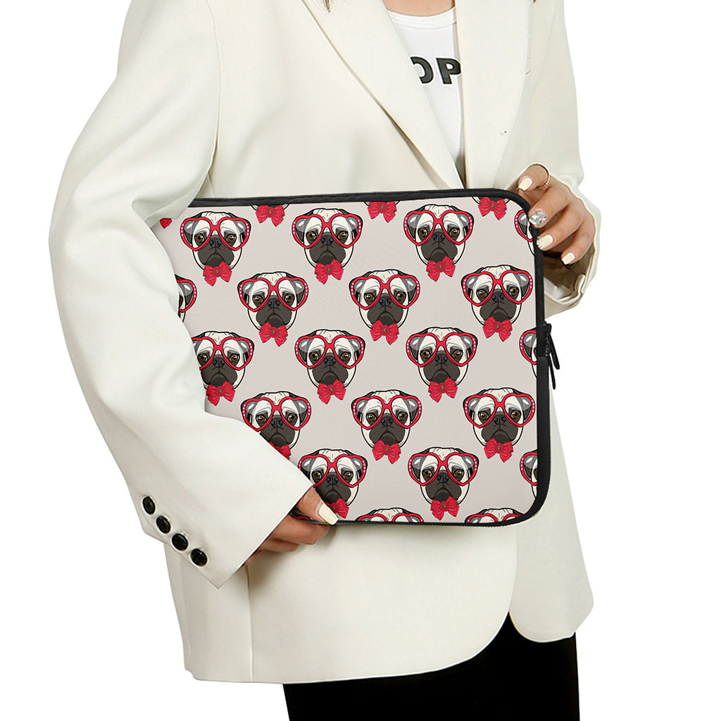 Red Glasses Pug Pattern Print Laptop Sleeve