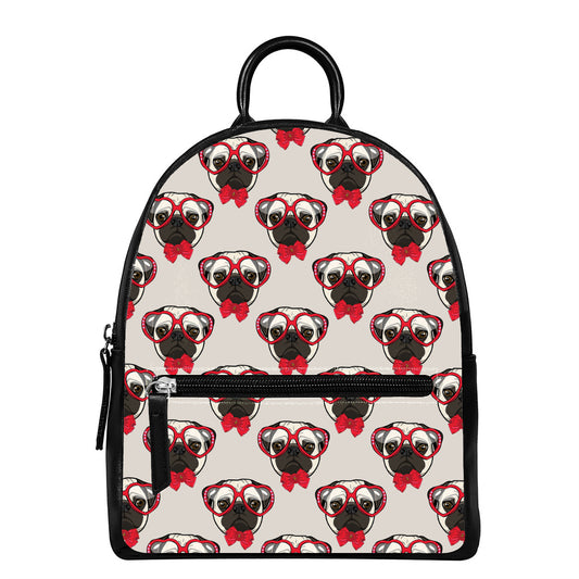 Red Glasses Pug Pattern Print Leather Backpack