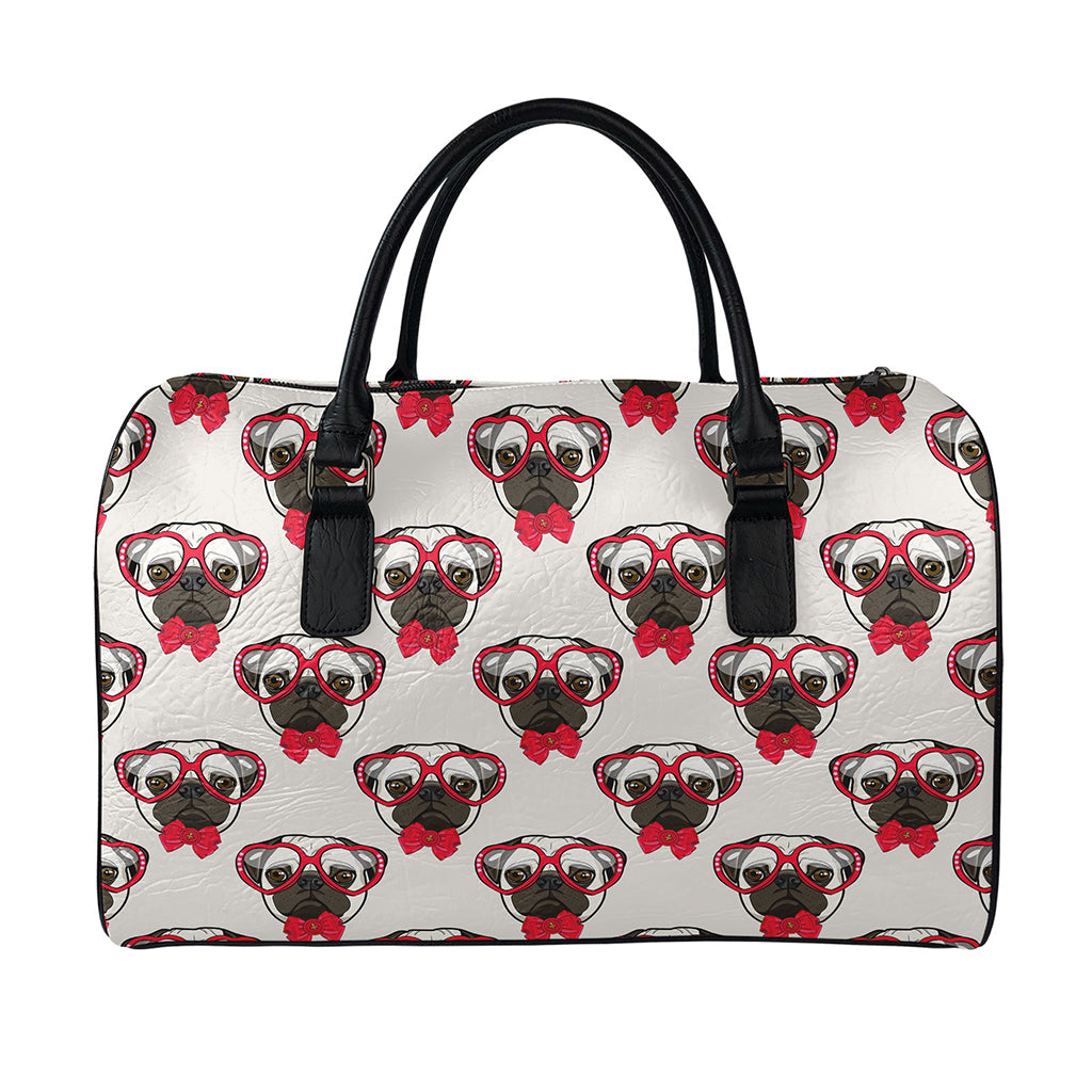 Red Glasses Pug Pattern Print Leather Duffle Bag
