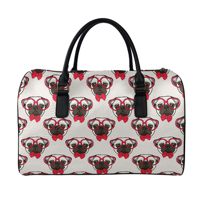 Red Glasses Pug Pattern Print Leather Duffle Bag