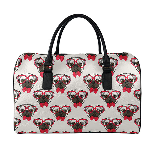 Red Glasses Pug Pattern Print Leather Duffle Bag