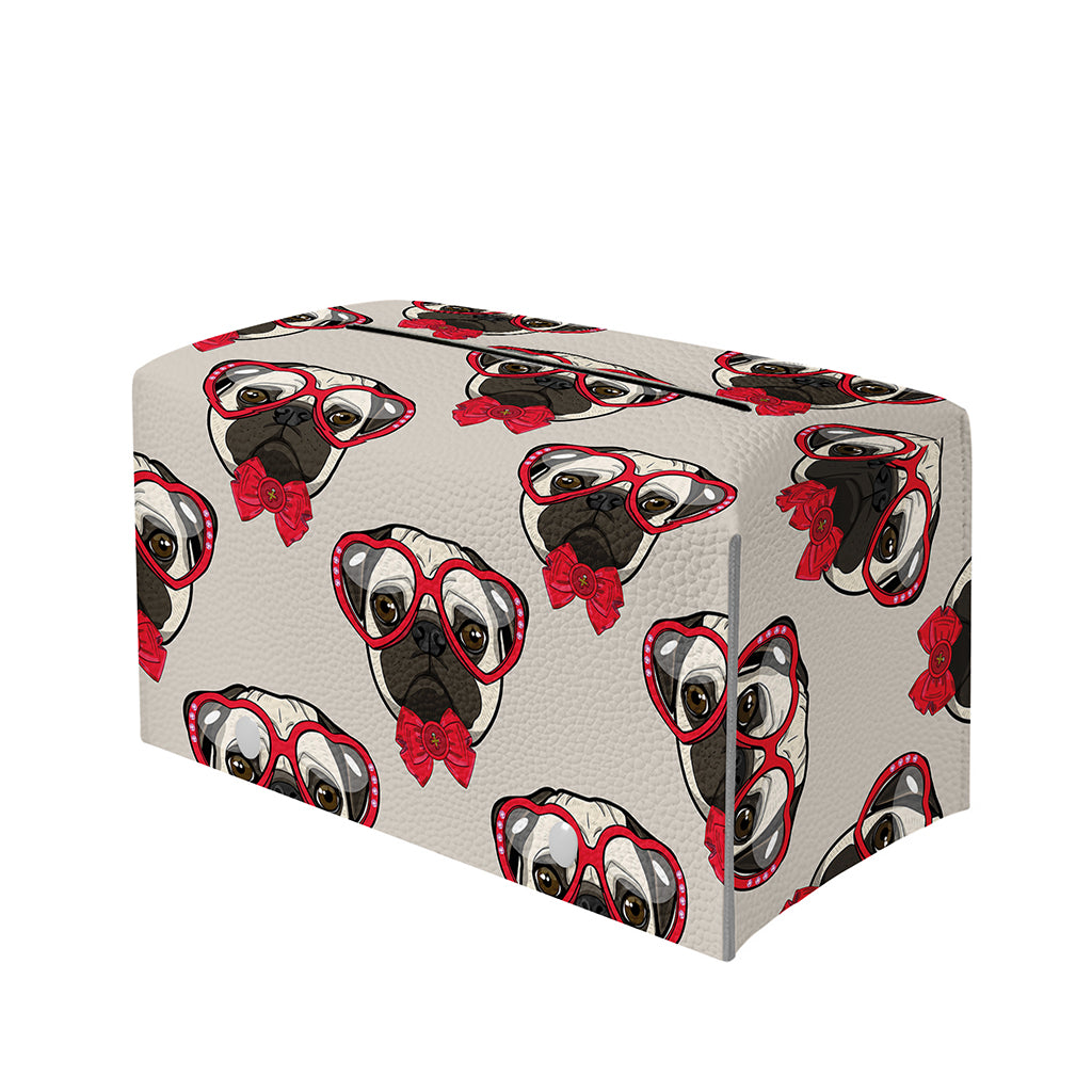 Red Glasses Pug Pattern Print Leather Tissue Box Cover