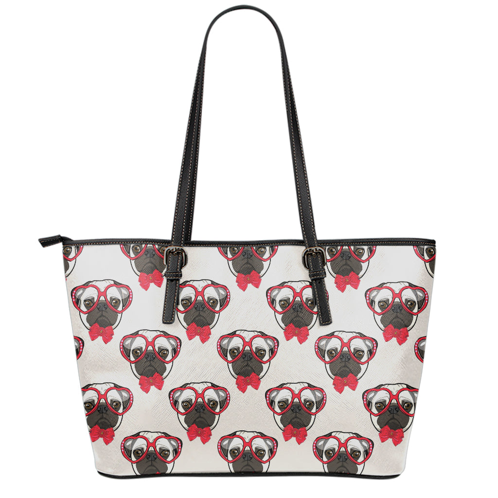Red Glasses Pug Pattern Print Leather Tote Bag