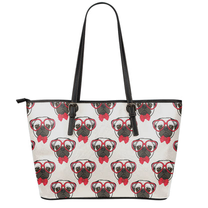 Red Glasses Pug Pattern Print Leather Tote Bag