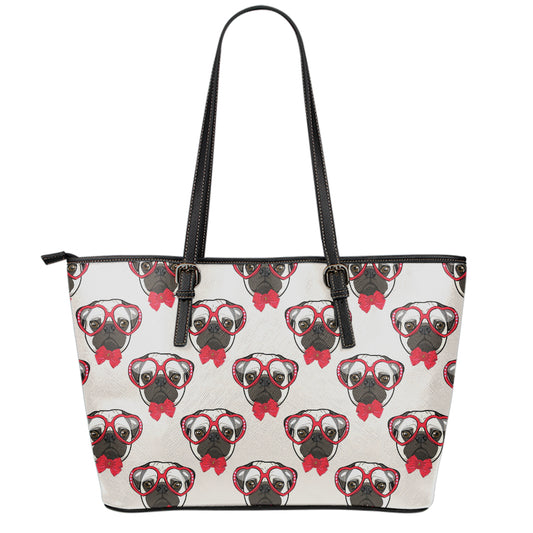 Red Glasses Pug Pattern Print Leather Tote Bag