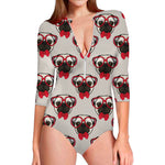 Red Glasses Pug Pattern Print Long Sleeve Swimsuit