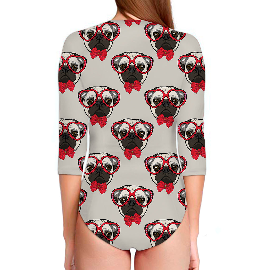 Red Glasses Pug Pattern Print Long Sleeve Swimsuit