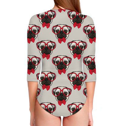 Red Glasses Pug Pattern Print Long Sleeve Swimsuit