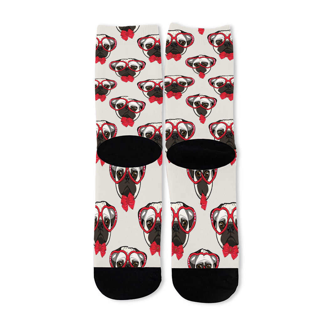 Red Glasses Pug Pattern Print Long Socks