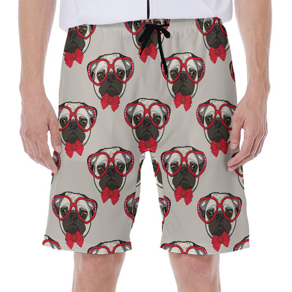 Red Glasses Pug Pattern Print Men's Beach Shorts