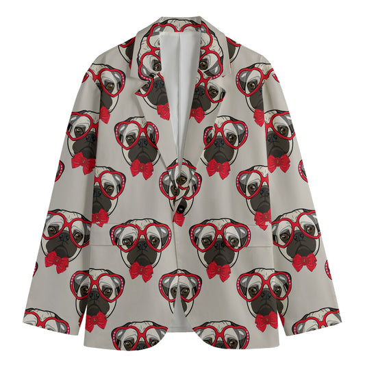 Red Glasses Pug Pattern Print Men's Cotton Blazer