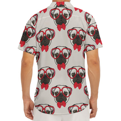 Red Glasses Pug Pattern Print Men's Deep V-Neck Shirt