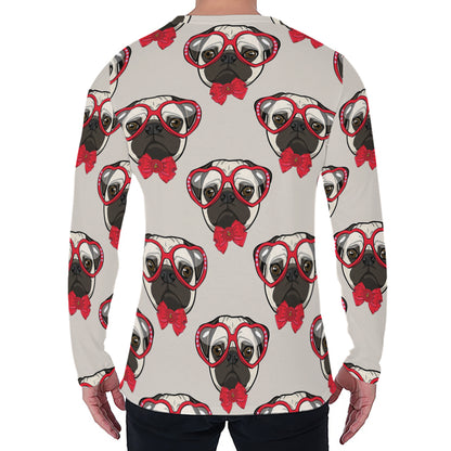 Red Glasses Pug Pattern Print Men's Long Sleeve T-Shirt