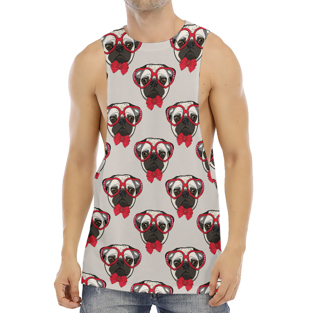 Red Glasses Pug Pattern Print Men's Muscle Tank Top