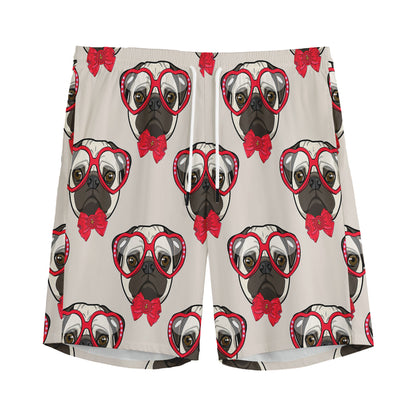 Red Glasses Pug Pattern Print Men's Sports Shorts