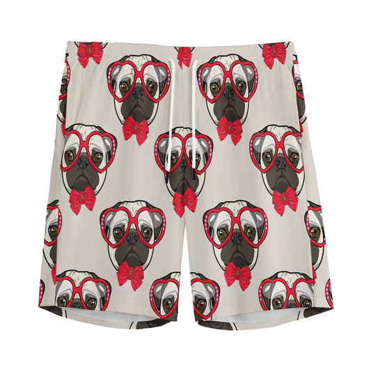 Red Glasses Pug Pattern Print Men's Sports Shorts