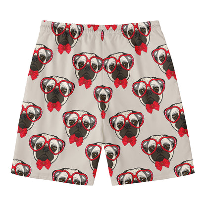 Red Glasses Pug Pattern Print Men's Swim Trunks