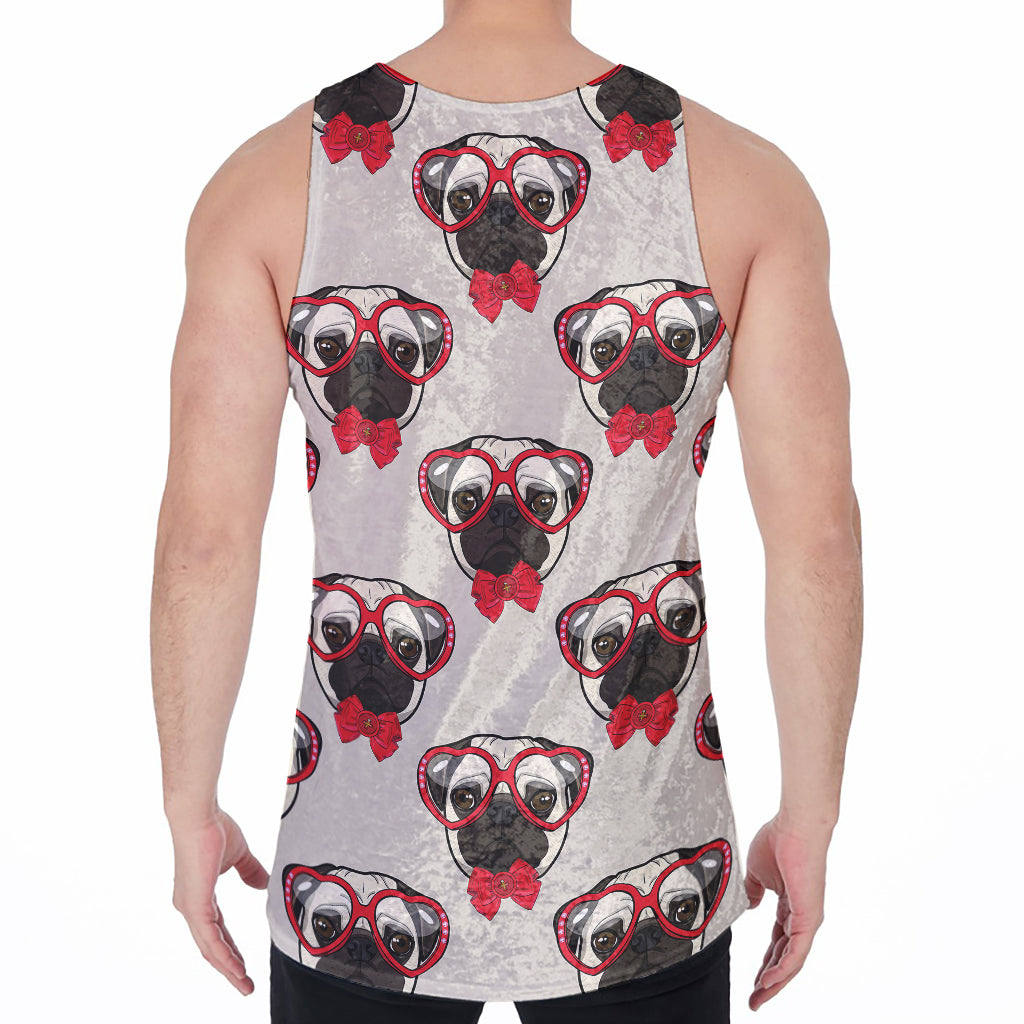 Red Glasses Pug Pattern Print Men's Velvet Tank Top