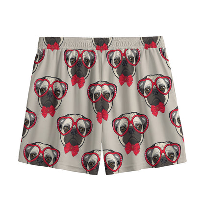 Red Glasses Pug Pattern Print Mesh Shorts