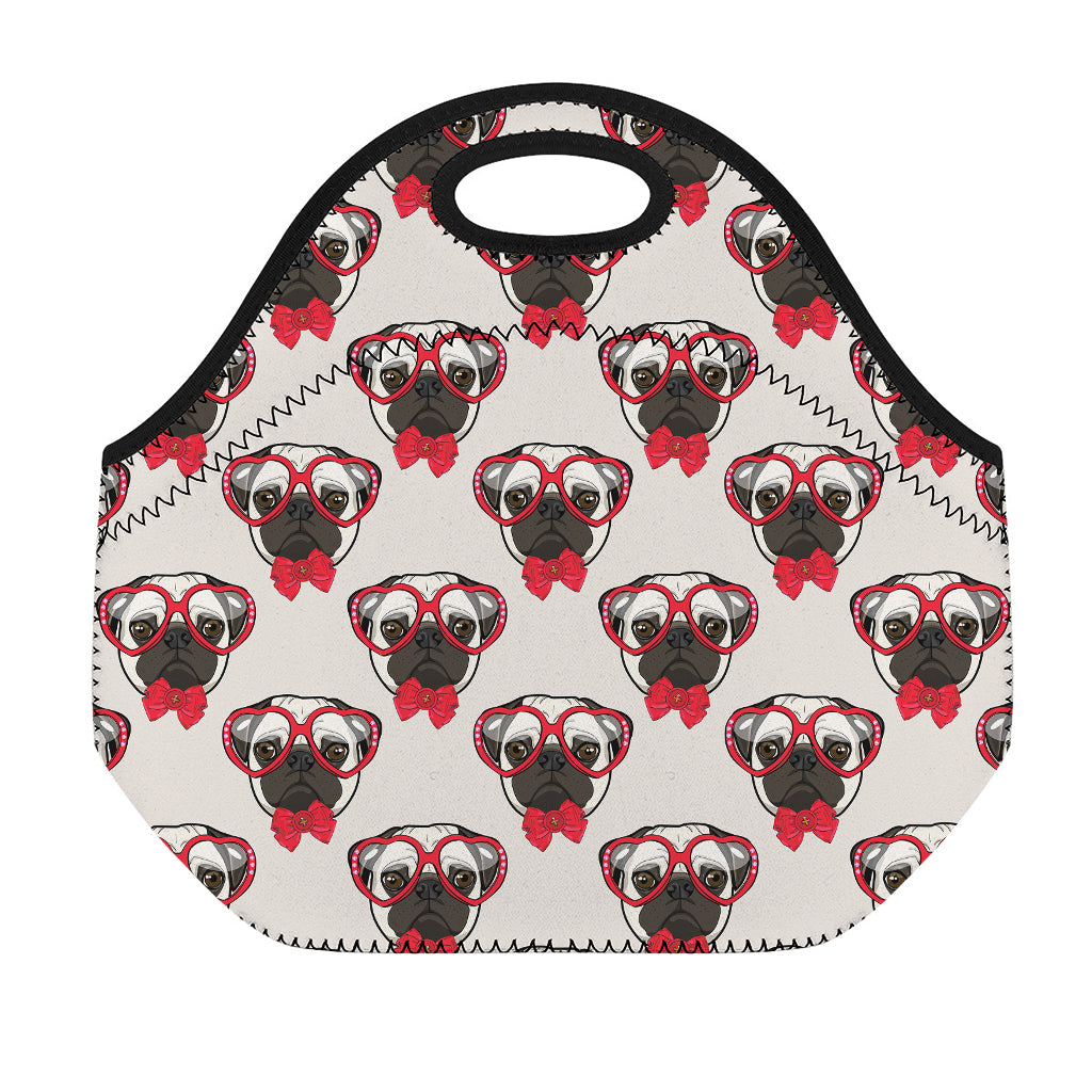 Red Glasses Pug Pattern Print Neoprene Lunch Bag