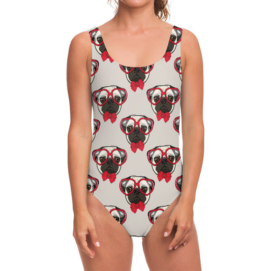 Red Glasses Pug Pattern Print One Piece Swimsuit