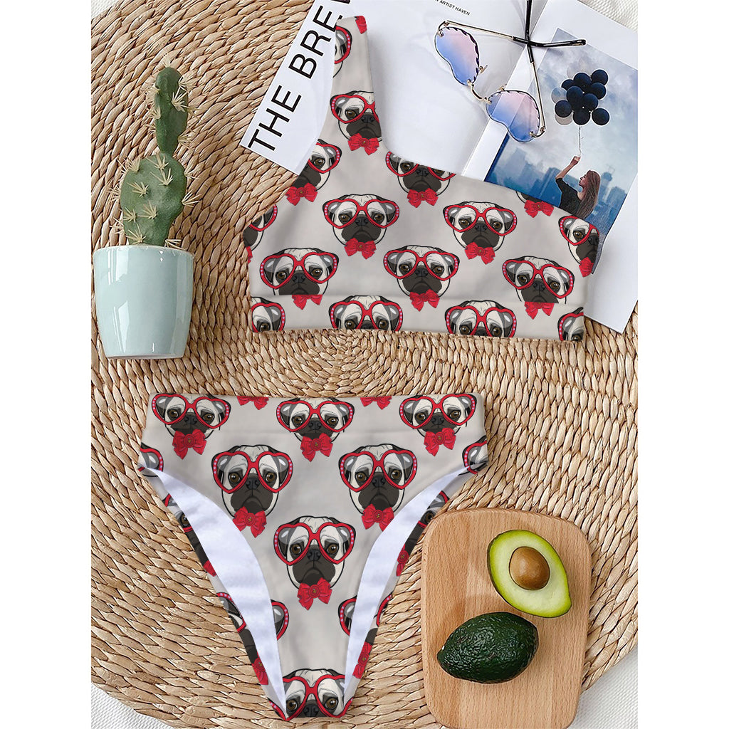 Red Glasses Pug Pattern Print One Shoulder Bikini Top