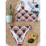 Red Glasses Pug Pattern Print One Shoulder Bikini Top