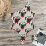 Red Glasses Pug Pattern Print One Shoulder Bodysuit