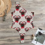 Red Glasses Pug Pattern Print One Shoulder Bodysuit