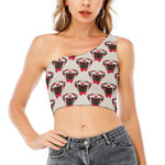 Red Glasses Pug Pattern Print One Shoulder Crop Top