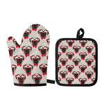 Red Glasses Pug Pattern Print Oven Mitt And Pot Holder Set