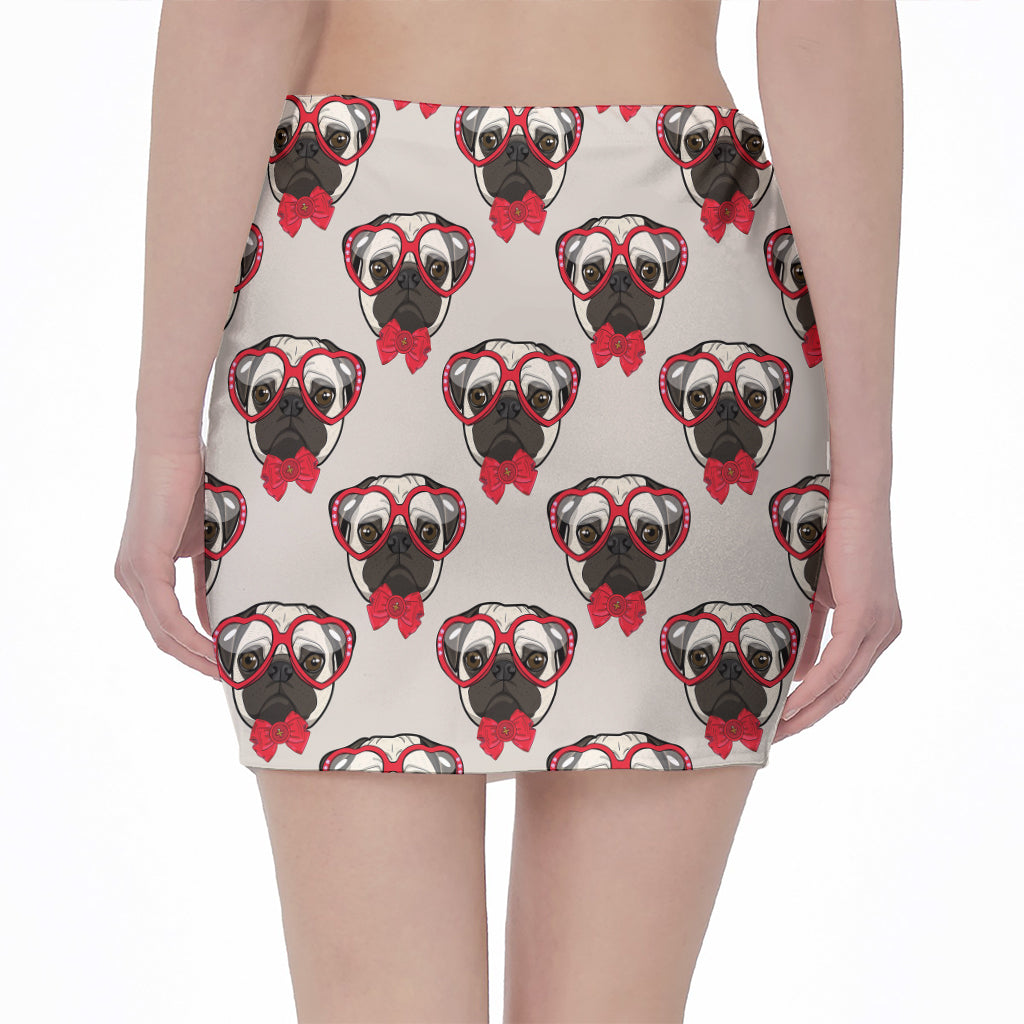 Red Glasses Pug Pattern Print Pencil Mini Skirt