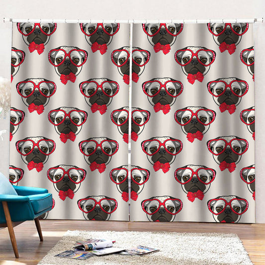 Red Glasses Pug Pattern Print Pencil Pleat Curtains
