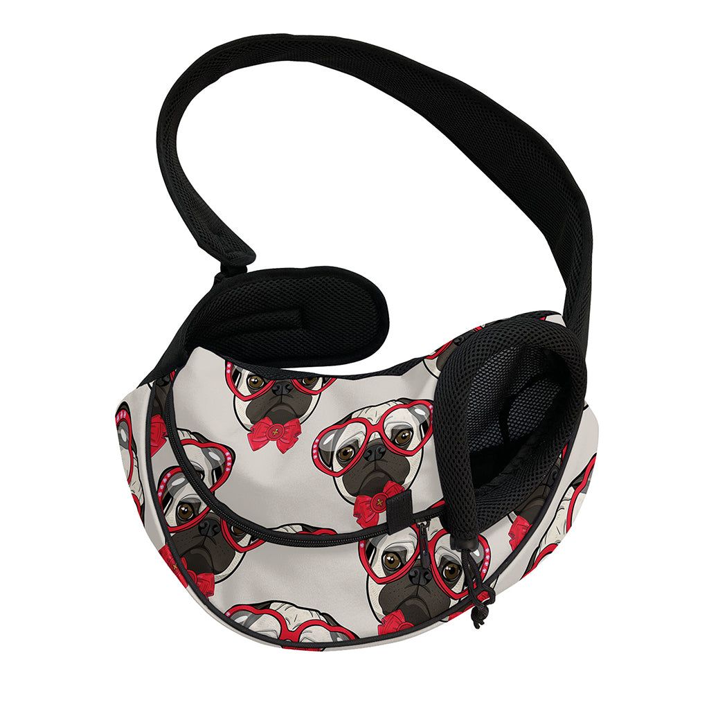 Red Glasses Pug Pattern Print Pet Sling Carrier