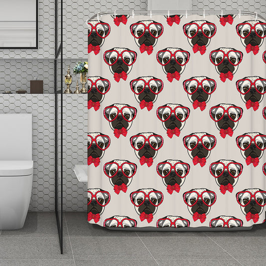 Red Glasses Pug Pattern Print Polyester Shower Curtain