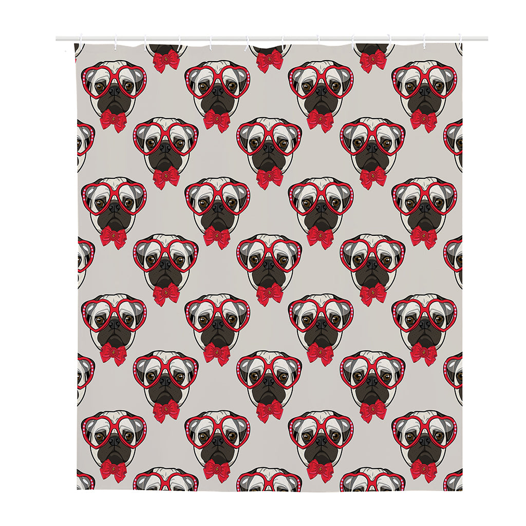 Red Glasses Pug Pattern Print Polyester Shower Curtain
